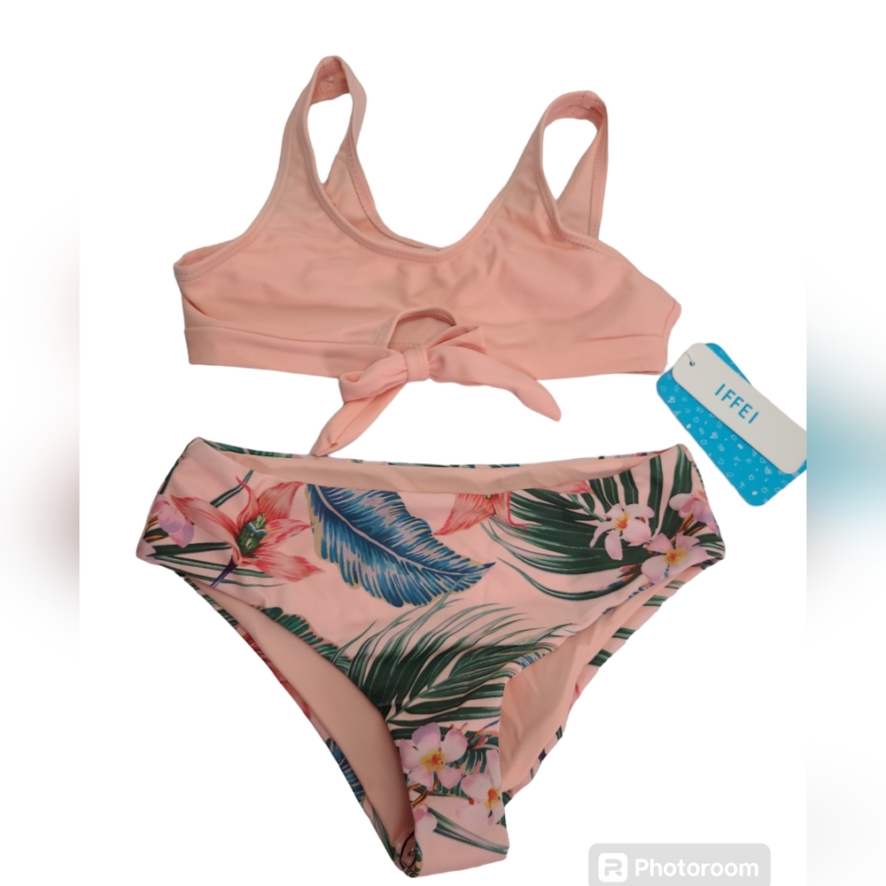 IFFEI Girls Two Piece Bathing Suits Beach Bikini Tie Front Pink Size (6-7Y)